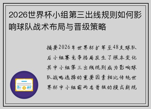 2026世界杯小组第三出线规则如何影响球队战术布局与晋级策略